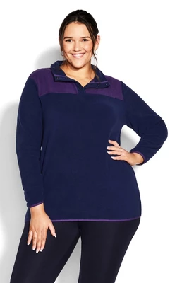 Women's Plus Size Color Block Polar Fleece Pullover - Navy | AVENUE - Image 3