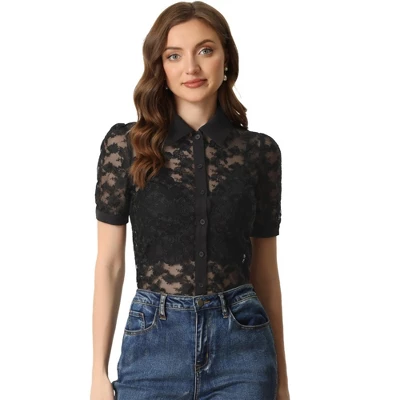 Allegra K Women's Floral Lace Shirt Short Sleeve Semi Sheer Button Down Blouse - Image 7
