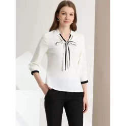 Allegra K Women's Office Blouse Bow Tie V Neck 3/4 Sleeve Elegant Chiffon Work Tops
