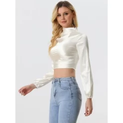 Allegra K Women's Mock Neck Long Sleeve Ruched Satin Crop Top