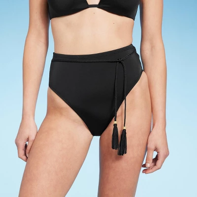 Women's High Waist High Leg Bead Detail Belted Bikini Bottom - Shade & Shore™ Black - Image 5