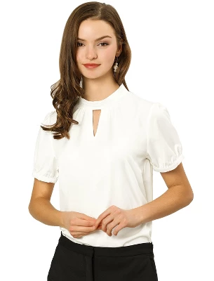 Allegra K Women's Stand Collar Short Puff Sleeves Elegant Work Office Shirt Keyhole Blouses - Image 6