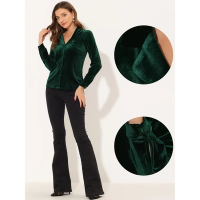 Allegra K Women's Velvet Collared V Neck Long Sleeve Button Down Shirts