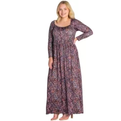Womens Plus Size Floral Long Sleeve Pleated Maxi Dress