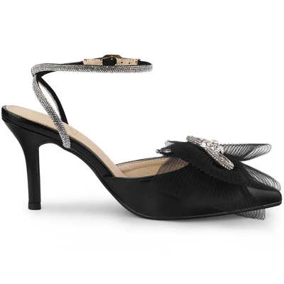 Perphy Rhinestone Mesh Bow Slingback Stiletto Heel Pumps For Women - Image 5