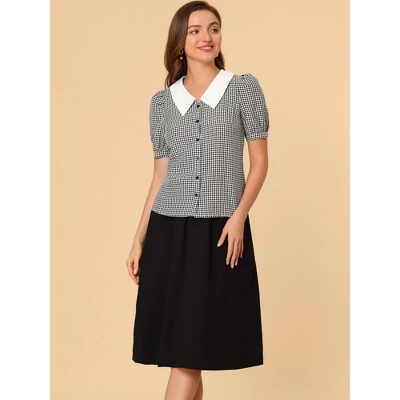 Allegra K Women's Plaid Puff Sleeve Blouse Contrast Collar Button Down Shirt Tops - Image 2