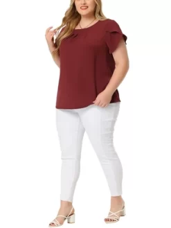 Agnes Orinda Women's Plus Size Elegant Pleated Petal Short Sleeve Vacation Office Work Blouses