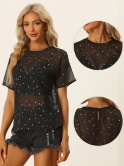Allegra K Women's Party Sheer Short Sleeve Gilding Shiny Metallic Stars Blouses