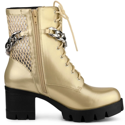 Allegra K Women's Platform Chain Chunky Heel Combat Boots - Image 5