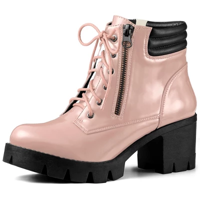 Allegra K Women's Chunky Heel Lace Up Zipper Combat Boots - Image 10