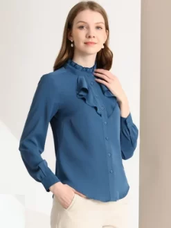 Allegra K Women's Work Office Top Blouse Ruffle Neck Long Sleeve Ribbon Button Down Blouses