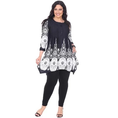 Women's Plus Size 3/4 Sleeve Printed Dulce Tunic Top - White Mark