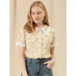 Allegra K Women's Peter Pan Collar Lace Embroidered Casual Floral Shirt Blouse