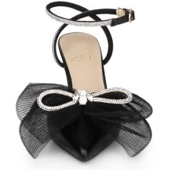 Perphy Rhinestone Mesh Bow Slingback Stiletto Heel Pumps For Women