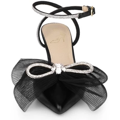 Perphy Rhinestone Mesh Bow Slingback Stiletto Heel Pumps For Women
