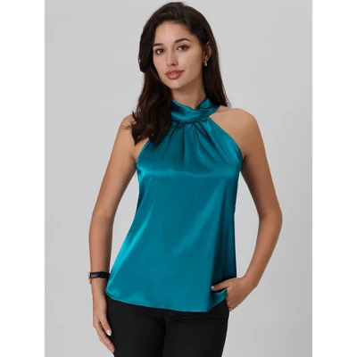 Hobemty Women's Halter Neck Sleeveless Tie Back Satin Work Blouse