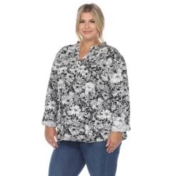 Womens Plus Pleated Long Sleeve Floral Print Blouse - White Mark