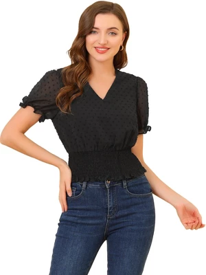 Allegra K Women's V Neck Short Puff Sleeve Swiss Dots Smocked Waist Summer Blouse - Image 6