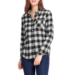 Allegra K Woman Roll Up Sleeves Buttoned Boyfriend Plaids Shirt