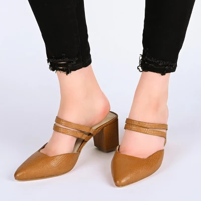 Journee Signature Womens Genuine Leather Kaitlynn Mules Low Block Heel Almond Toe Pumps - Image 7