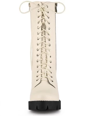 Allegra K Women's Lace Up Platform Chunky Heel Mid Calf Boots - Image 2