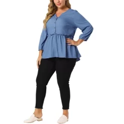 Agnes Orinda Women's Plus Size Peplum Top Pullover Puff Sleeve High Waist Chambray Blouse