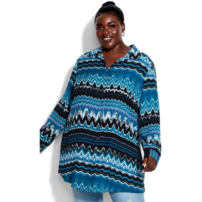 Women's Plus Size Celeste Longline Print Shirt - Teal Chevron | AVENUE - Image 2
