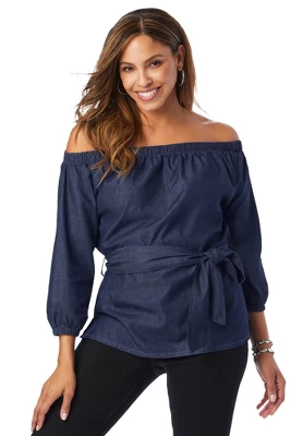 Jessica London Women’s Plus Size Off-The-Shoulder Denim Tunic