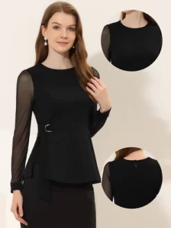 Allegra K Women's Peplum Blouse Mesh Sheer Long Sleeve Round Neck Belted Work Top