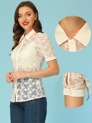Allegra K Women's Floral Lace Shirt Short Sleeve Semi Sheer Button Down Blouse