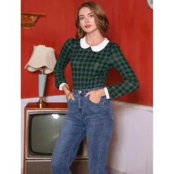 Allegra K Women's Peter Pan Collar Contrast Puff Sleeve Plaid Blouse