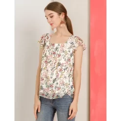 Allegra K Women's Chiffon Ruffle Sleeve Square Neck Floral Print Layered Blouse